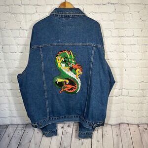 Wrangler Hero Mens Blue Denim Jacket Green Dragon Embroidered 2XLT 2XL Tall